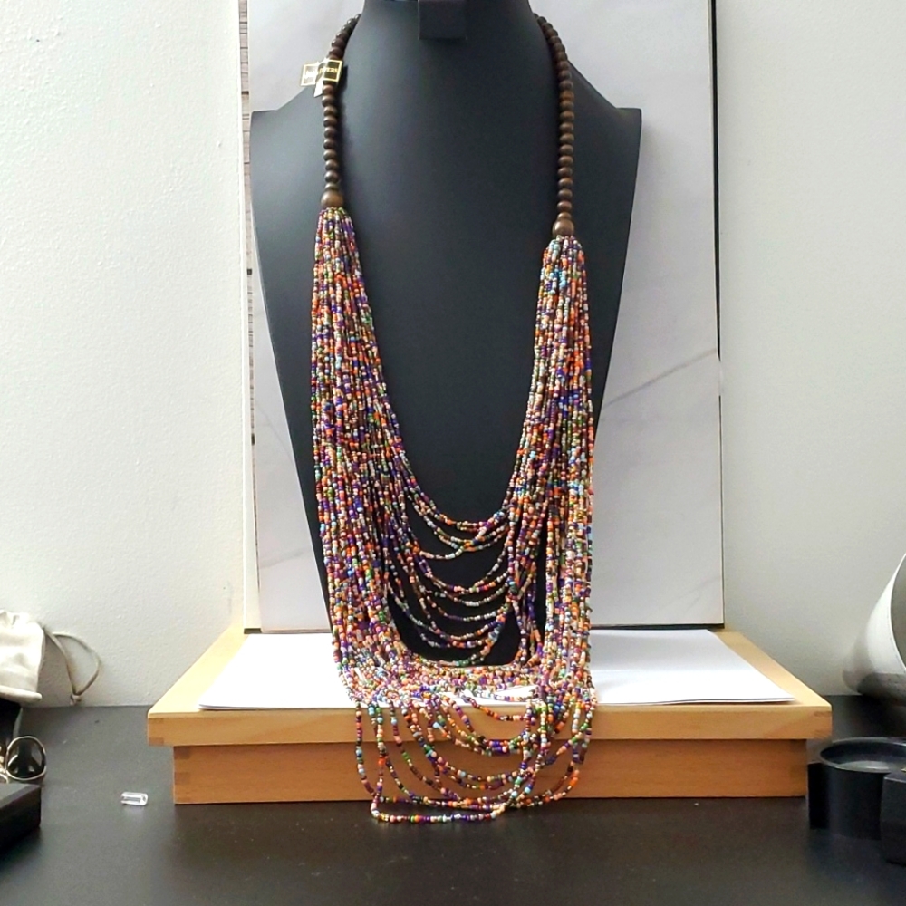 22" Wood and Gemstone Lariat Multistrand Bead Necklace